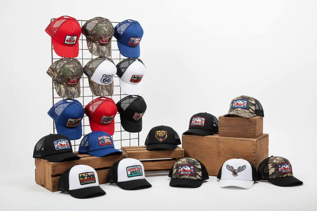 An image with a bunch of trucker hats 