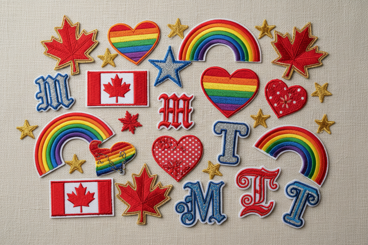remove all country patches except canada add hearts stars rainbow and the letter m and t 